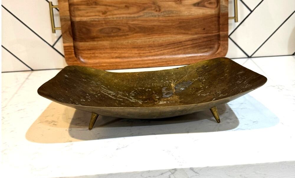 vintage Middle Eastern footed brass centerpiece bowl engraved Arabica script